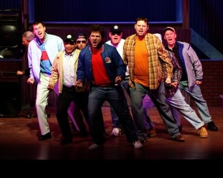  Marcus Fisk (Reg), Michael Gale (Malcolm), Rene Keith Flores (Marty), Ben Norcross (Ensemble), Dan Deisz (Teddy), Christopher Harris (Dave), and Michael Bagwell (Tony). Photo by Shane Canfield.