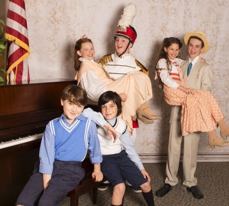 Double cast of ‘The Music Man Jr’: Left to right: Winthrop Paroos: Eli Schulman and Cole Edelstein. Zaneetas and Harold Hills: Anne Coulson and Zachary Conneen, Shira Minsk, and Jake Land. Photo by Erica Land.