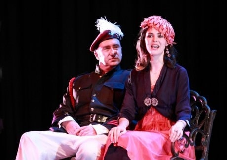Cyrano (Jamie Bower) and Roxanne (Caroline O’Hara). Photo courtesy of Aquila Theatre.