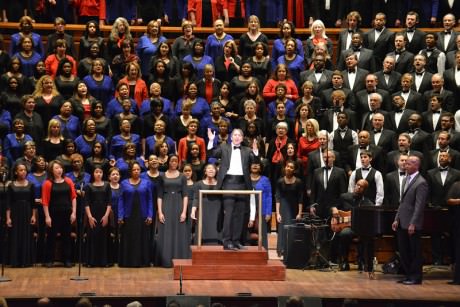 Choral Arts Artistic Director Scott Tucker conducts the audience as well as combined choruses in the finale of 'Living the Dream… Singing the Dream, the 25th anniversary of Choral Arts’ MLK choral tribute' in partnership with WPAS. Photo by Russell Hirshorn.  
