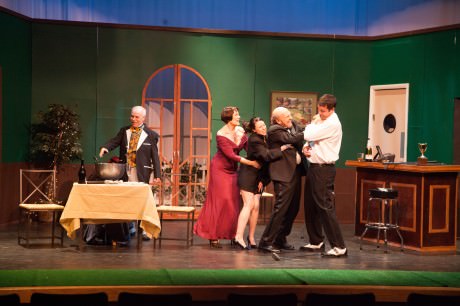 The cast of The Fox on the Fairway, in the midst of one of the show's many shenanigans. From left to right: Bob Rosenberg (Dickie Bell), Jessie Roberts (Pamela Peabody), Stephanie Pencek (Louise Heindbedder), Dell Pendergrast (Henry Bingham), and Will Olivier (Justin Hicks). Photo by Sasha Avilov.