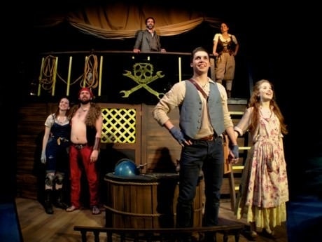 The cast of Pirate Laureate: Megan Reichelt, Doug Wilder, Matthew Pauli, Maggie Erwin, Alex Vaughan and Megan Graves. Photo by Ryan Maxwell.