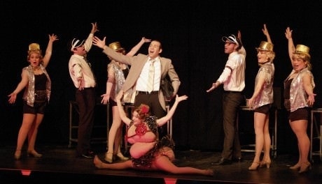 Leo (Brian Sackett) and the Chorus Girls of 'The Producers.' Photo by Steve Tyler. 