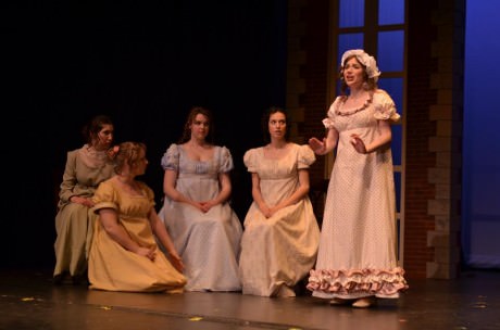 The Bennet Daughters (l to r) Mary (Stephanie Lucas), Kitty (Liz Kinder), Jane (Alyssa Bouma), Elizabeth (Caitlin McWethy), and Lydia (Solveig Moe). Photo courtesy of Annapolis Shakespeare Company. 