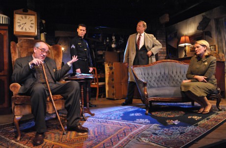 (l to r) Gregory Solomon (Conrad Feininger) Victor Franz (Peter Wray) Walter Franz (Nigel Reed) and Esther Franz (Kathleen Ruttun). Photo by Stan Barouh.  