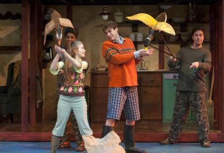 (L to R) Lucy (Megan Graves) and William (Matthew Schleigh) feed the birds. Bird puppeteers L to R: Lauren Du Pree and Joe Brack. Photo by Margot Schulman.
