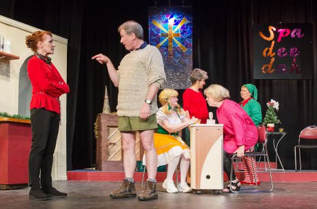 from left to right) Sugar Lee (Smith) arguing with Bobby Dwayne (Matich) who is showing off his sexy legs with Nita (Hoover), Carlene (Anderson), Mavis (Preston), and Crystal (Zucker) in her Christmas elf costume in the background. Photo by Harold Bonacquist.