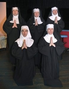 The nuns: Sisters Robert Ann (Schwartz), Mary Regina (Monahan), Mary Hubert (Loebach), Mary Leo (Lempert), and Mary Amnesia (Shegogue). Photo by Bruce Rosenberg.