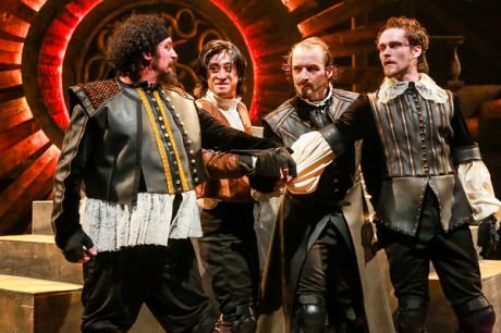 The Musketeers and D'Artagnan: Hector Reynoso (Porthos), Dallas Tolentino (D'Artagnan), Ben Cunis (Athos), and Matthew Ward (Aramis). Photo by Johnny Shyrock.