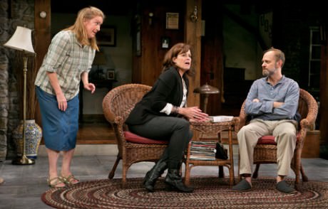 From left, Kristine Nielsen as Sonia, Sigourney Weaver as Masha and David Hyde Pierce as Vanya play hapless stay-at-homes in‘ 'Vanya and Sonia and Masha and Spike.’ Photo by Sara Krulwich/The New York Times.