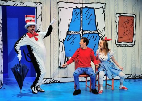 Rick Hammerly (The Cat), Tyler Herman (The Boy), and Jessica Shearer (Sally). Photo by Bruce Douglas.
