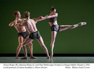 Oregon Ballet Theatre's Damian Drake, Paul DeStrooper, and Alison Roper in Almost Mozart. Photo by Blaine Truitt Covert