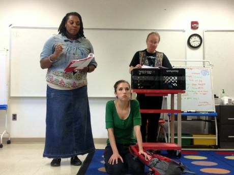 Actors Sharyce L. McElvane (left) and Rachel Viele in rehearsal with Andrew White (background).
