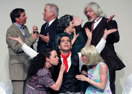 Background l to r- Gerald (Patrick Martyn) Parchester (Jeff Burch) Duchess Maria (Judi Milgram) and Sir John (James Hunnicutt) Front Row l to r Sally (Julie Parrish) Bill (Kevin Connell Muth) and Lady Jacqueline (Amy Agnese). Photo courtesy  of Cockpit in Court. 