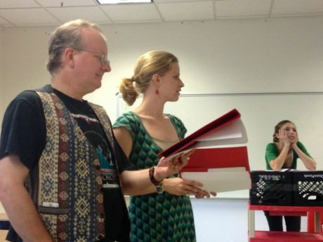 Actors Andrew White (left) and Maya C. Oliver in rehearsal with Rachel Viele (background).