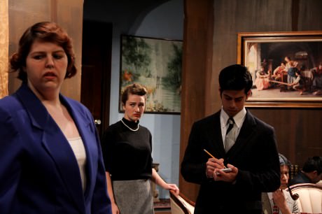 Sarah Boyd (Mrs. Boyle), MaryBeth Kerley (Mollie), and Dillon DiSalvo (Sgt. Trotter) in Parlor Room Theater’s production of Agatha Christie’s 'The Mousetrap,' running through August 4th in Forestville. Photo by Meagan C. Beach.