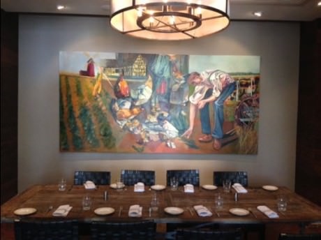 One of the private dining rooms. Painting by Brian T. Dang.