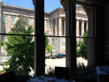 A dining room with a view from nopa Kitchen+Bar.