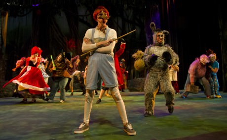 Gannon Webb (Pinocchio), Eyvo (Donkey ), and the Fairytale Ensemble. Photo by Scott Serio and Cecil Scene.