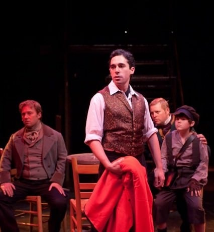 Marius (Jeffrey Shankle) Enjolras (Ben Lurye) Grantaire (Chris Harris) and Gavroche (Jace Franco) at the ABC Cafe. Photo by Kirstine Christiansen. 