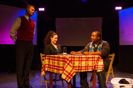 Waiter (Alex Smith) Melissa Stearn (Beverly Shannon), and Chris (Lonnie DeVaughan Simmons). Photo by Ken Stanek.  