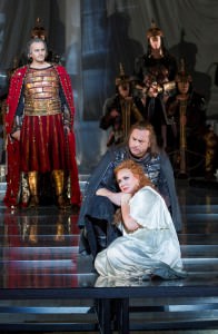  Wilhelm Schwinghammer as King Marke, Ian Storey as Tristan, and Iréne Theorin as Isolde. Photo by Scott Suchman.