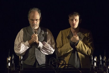 Friar Lawrence (Eric Hissom) and Romeo (Michael Goldsmith) in prayer. Photo by Jeff Malet. 