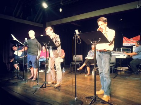 Philip Stamper, Daniel Santiago, and Joseph Mariano in rehearsals.  Photo by Anne Vandercook. 