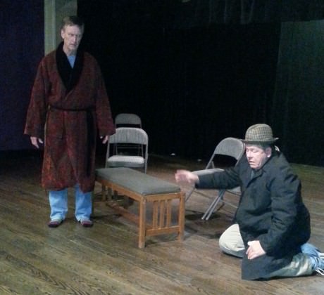 Ted Culler and David Jones rehearse a scene from 'God's Favorite.' Photo courtesy of Montgomery Playhouse.