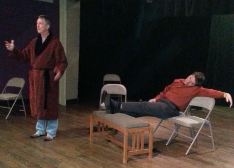 Ted Culler and Marc Pardee rehearse a scene from 'God's Favorite.' Photo courtesy of Montgomery Playhouse.
