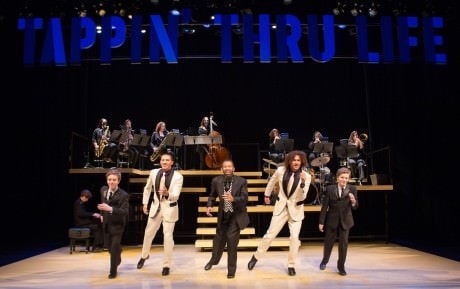 (L-R) Max Heimowitz, John Manzari, Maurice Hines, Leo Manzari and Sam Heimowitz, with members of the DIVA Jazz Orchestra, in Maurice Hines is Tappin’ Thru Life at Arena Stage at the Mead Center for American Theater November 15-December 29, 2013. Photo by Teresa Wood.