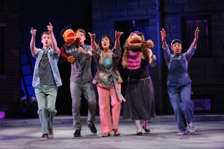 The cast of 'Avenue Q.' Photo by Stan Barouh. Evan Casey (Brian) is on the far left. 