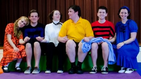 L to R) Patty (Amanda Fossett) Schroeder (Nick Pacheco) Snoopy (Jennifer Toll) Charlie Brown (Joseph Rolandelli) Linus (Quentin Patrick) and Lucy (Laura Marchiano) . Photo by Brighter Futures Photography.