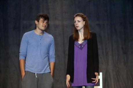 Ben Peter (left) and Caity Brown (right) in an early rehearsal of Gruesome Playground Injuries. Photo by Rich Stanage.