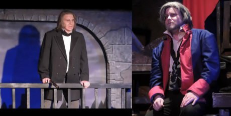 Javert (L- Brady Love) and Jean Valjean (R- Jordan B. Stocksdale). Photo courtesy of Way Off Broadway Dinner Theatre. 
