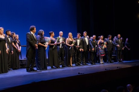 From left to right: 'Cavalleria Rusticana': - Lázaro Calderón (Turridu); Fabiana Bravo (Santuzza); Anamer Castrello (Mama Lucia); Joel Borrelli-Boudreau (conductor); and Sandra Schwarzhaupt (Lola); And 'I Pagliacci':  Aaron Halevy (Beppe); Nemeh Azzam (Silvio); Marc Heller (Canio); Sara Beth Pearson (Nedda); Guido LeBrón (Alfio in Cav; Tonio in Pag);and Jay Brock (Stage Director).