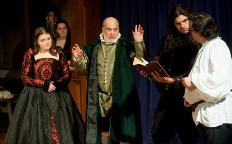 Hieronimo (center-Frank Vince) reveals a scheme to Bellimperia (left-Kat McKerrow), Balthazar (right-Matthew Purpora) and Lorenzo (far right- Bill Soucy) while the Ghost of Don Andrea (background left- Megan Farber) and Revenge (background left- Shelby Monroe) observe. Photo credit: Joshua McKerrow.