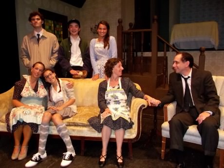 The cast of 'Brighton Beach Memoirs': Top Row L to R – Stanley Jerome (Mike Culhane), Eugene Jerome (Casey Baum) and Nora Morton (Sophia Speciale). Bottom Row – Blanche Morton (Jill Goodrich), Laurie Morton (Annalie Ellis), Kate Jerome (Nora Zanger), and Jack Jerome (Steve Feder). Photo by Roy Peterson.