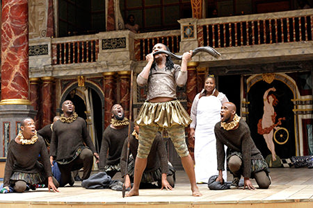 Mhlekazi (Wha Wha) is Adonis with one of the seven actresses that play Venus in Venus and Adonis (U-Venas No Adonisi). Photo courtesy of Shakespeare Theatre Company.