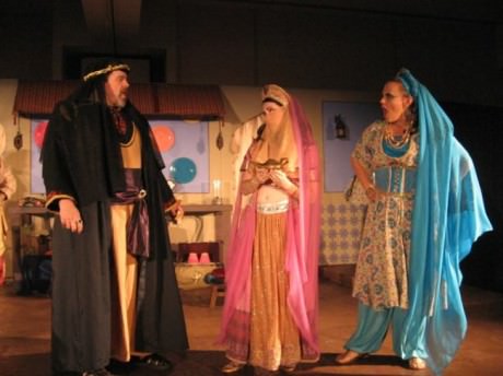 Thom Sinn (Sorcerer), Amy Gneco (Princess Opal), and Sasha (Erin Confair). Photo courtesy of  Pumpkin Theatre.