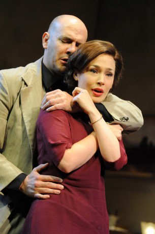 Chis Genebach (Moe Axelrod) and Laura C. Harris (Hennie Berger). Photo by Stan Barouh.