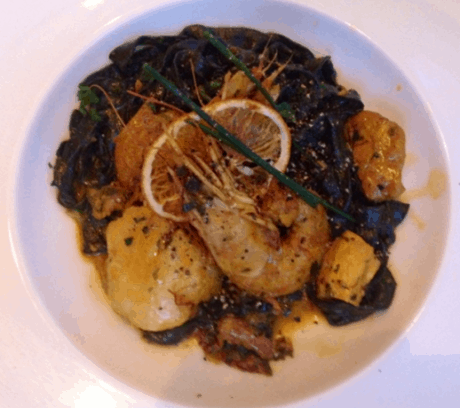 Squid ink pasta with head-on Shrimp at Lupo Verde.