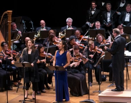 Washington Concert Opera including Kate Lindsey, left, and Nicole Cabell, center, with Maestro Antony Walker at GWU Lisner Auditorium. Photo by Don Lassell.