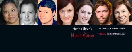 The cast of 'Hedda Gabler.' From left: Kecia Campbell (Berta), Francisco Reinoso (Judge Brack), Brian McDermott (George), Katie Culligan (Hedda), Sarah Ferris (Thea), Christian Sullivan (Elliott Lovborg), and Laura Russell (Aunt Julia).