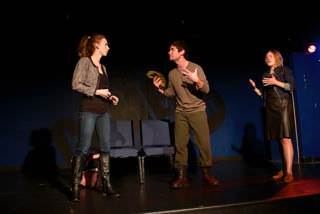 (l to r) Caitlin Shea (Beatrice), Seamus Miller (All Souls), Mary Myers (Donna).  Photo by Rob Parrish