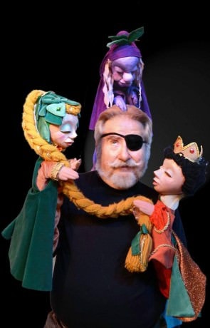 Christopher Piper with Rapunzel, her Prince, and Witch Wartsmith (on top). Photo courtesy of The Puppet Co.