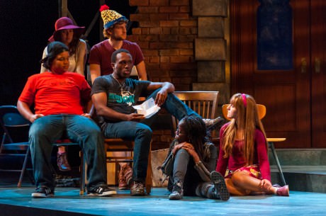 From L to R: (back): Catherine (Noelle Roy) & Llloyd (Noah Israel). Bottom: Donald (Avery Collins), Clorox (Christopher Lane), Lillie Mae (Chioma Dunkley), and Rhoda (Rebecca Mount). They are listening to Clorox's Transformation Monologue.  Photo courtesy of The Clarice.