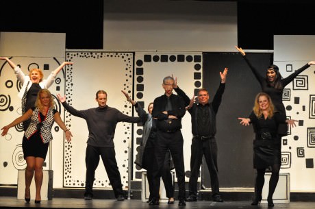  Ensemble from 'A Thurber Carnival' kick it up. From Left to Right back row: Judy Butler, Kevin Walker, Janice Zucker, Bill Doyle, and Sue Schaffel. From Left to Right front row: Amanda Hine, John Burns, and Jocelyn Steiner. Photo by Matthew Randall. 
