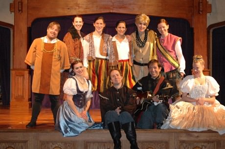 Full Cast 1 and 2: Back row from left to right: Chris Ryder(Aegeon), Hannah Fogler (Second Merchant) Caitlin Carbone (Dromio of Ephesus), Chelsea Blackwell Dromio of Syracuse), Erin Wagner(Angelo), Katherine Vary (Duke Solinus). Front Row L to R: Tegan Williams a Luciana, Ben Fisler as Antipholus of Ephesus, Zach Brewster-Geisz as Antipholus of Syracuse, Barbara Hale (Adriana). Photo by Will Kirk.  