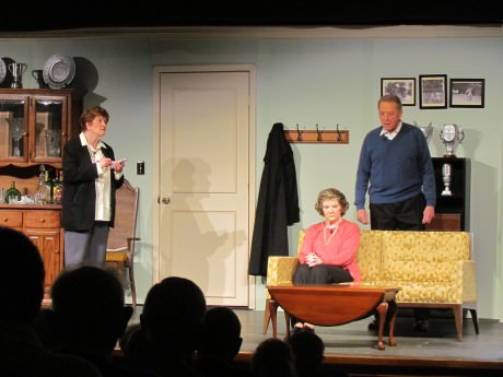 Left to right: Ruth Tomasko (Chief Inspector Hubbard), Janet Rifen (Margot Wendice), and Robert Goolrick (Tony Wendice). Photo by Jessica McKay.